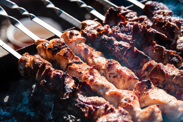 Barbecue. Meat. Grill. Roasting. Fire. Cooking kebab. Meat background.