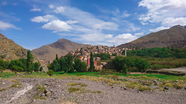 View of small village in the high Atlas Mountains of Morocco, Imlil or Aroumd.