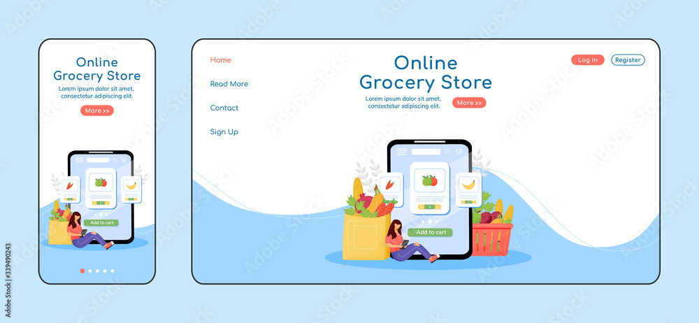Aufkleber online grocery store adaptive landing page flat color vector template. internet order mobile and pc 