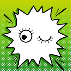 Open cartoon left eye and closed right one. Black Icon on white popart Splash at green background with white spots. Illustration.