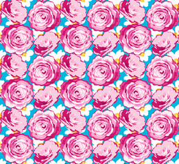 Vintage pink and white camellia rose pattern with light blue ground.