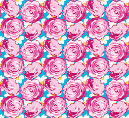 Vintage pink and white camellia rose pattern with light blue ground.
