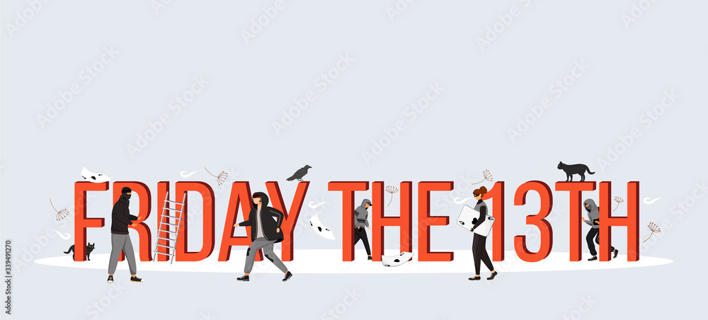 Poster friday the 13th word concepts flat color vector banner. isolated typography with tiny cartoon charac