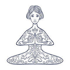 Ornamental woman in a yoga pose Vector illustration in ethnic, boho styles.