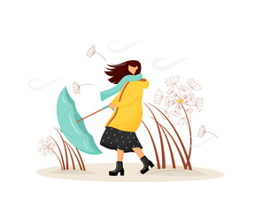 Windy weather flat concept vector illustration. Woman in coat with umbrella in storm. Female walk in raincoat 2D cartoon character for web design. Thunderstorm in cold autumn. Fall storm creative idea