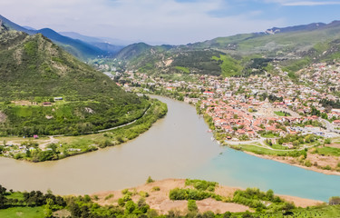 Mtskheta located at the meeting of Kura and Aragvi rivers. Unesco town Mtskheta in Georgia.