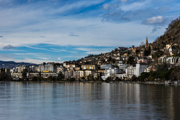 Fototapeta na wymiar Montreux view by the Leman lake in Switzerland