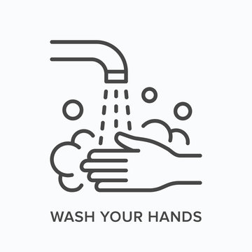 Hand wahing line icon. Vector outline illustration of antibacterial soap treatment. Healthcare disinfection pictorgam