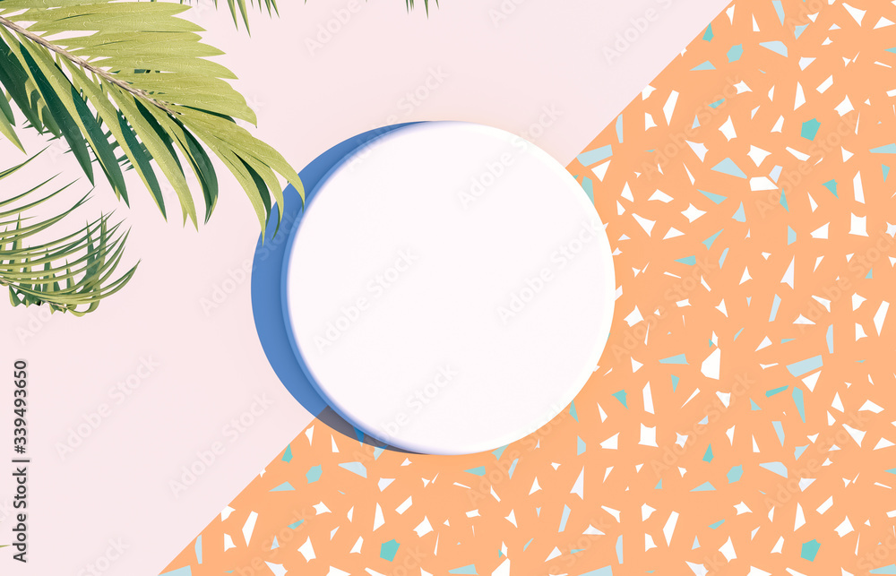 Poster Natural Empty white cylinder box on summer scene background with tropical palm leaves. for cosmetic product display. Flat lay. Top view. 3d render.