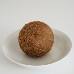 Whole Coconut Lies on a White Dish