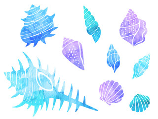 巻貝と貝殻の水彩風イラストセット