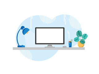 Workplace with a computer with a blank screen for mockup on the table