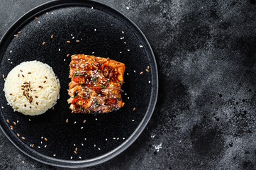 Japanese Teriyaki grilled sea trout fillet glazed in delicious sauce with a side dish of rice. Black background. Top view. Copy space