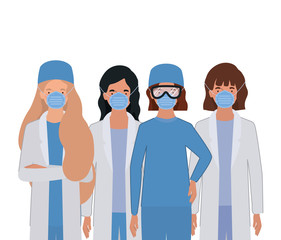 Women doctors with uniforms and masks vector design