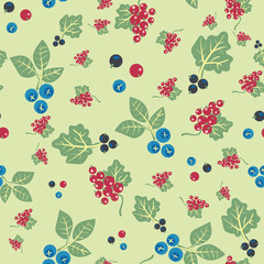 Blueberries, redcurrants, and blackcurrants seamless vector pattern. Summertime farm fruit surface print design. Healthy vegan food. For fabrics, stationery and packaging.