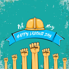 Happy labour day vector label with strong orange fist isolated on grunge turquoise background. vector happy labor day background with man hand. red workers may day poster