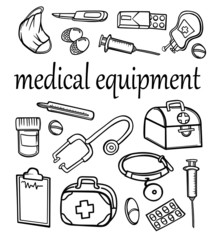 banner set equipment medical graphics objects treatment doctor pills stethoscope isolate vector illustration sketch outline stroke poster