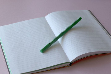 white copybook with pen on punchy pastel pink. Working desk. Copy space. Top view. Flat lay. Female accessories for target planning.