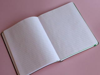 white copybook with pen on punchy pastel pink. Working desk. Copy space. Top view. Flat lay. Female...