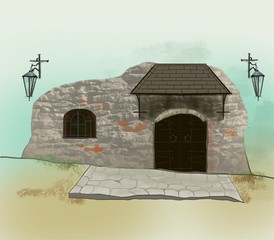 A stone potch with a couple of lanterns in an ancient town.