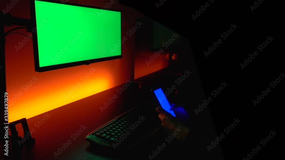 Poster greenscreen: caucasian hand and fingers scrolling up on smartphone and computer