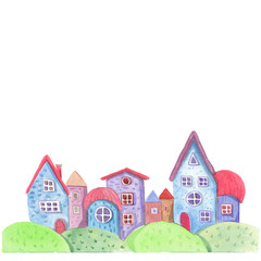 Naklejka premium Watercolor houses. Cute cartoon town. Hand painted illustration, isolated on white