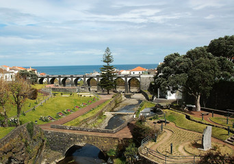 Beautiful viewpoint in Ribeira Grande overlooking the park and the bridge, Sao Miguel, Azores,...