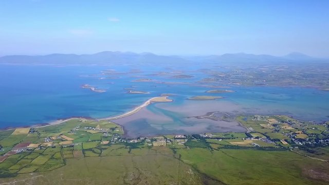 Breathtaking panoramic view of clew bay, ocean, islands and country landscape.