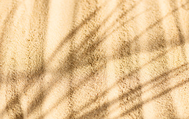 Sandy beach background top view with visible sand texture. Tropical background.