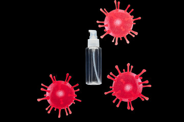 top view of bottle with hand sanitizer near drawn virus isolated on black