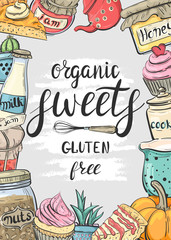 Organic sweets, gluten free. Flyer with cakes, pastries and kitchen utensils