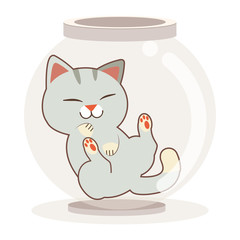 The character of cute cat in the transparency bowl or jar on the white background. The character of cute cat sleepping in the transparency jar. The character of cute cat in flat vector style.