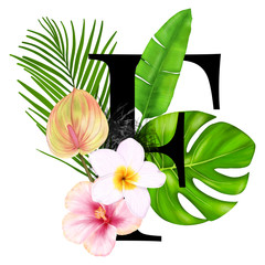 Letter F. Tropical Decoration Alphabet Logo With Tropical Flowers And Leaves 