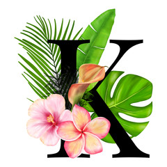 Letter K. Tropical Decoration Alphabet Logo With Tropical Flowers And Leaves  © PawStudioArt