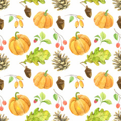 Watercolor seamless pattern with mushrooms, fall leaves, pumpkies, branches, berry and other plants. Natural autumn forest background ideal for baby fabric and wrapping paper