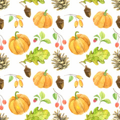 Watercolor seamless pattern with mushrooms, fall leaves, pumpkies, branches, berry and other plants. Natural autumn forest background ideal for baby fabric and wrapping paper