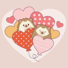 The character of cute hedgehog with the heart ballon on the pink background and white heart. The cute hedgehog with polka dot on the heart balloon. The character of cute hedgehog in flat vector style.