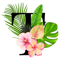 Fototapeta na wymiar Letter T. Tropical Decoration Alphabet Logo With Tropical Flowers And Leaves 