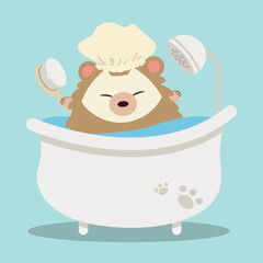 The character of cute hedgehog wear a shower cap and bathing on the blue background. The cute hedgehog holding a brush and wear a shower cap. The character of cute hedgehog in flat vector style.