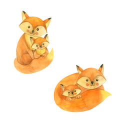 Cute cartoon watercolor forest animal. Fox family. Hand painted lovely baby fox illustration perfect for print and card making. Woodland wild orange fox