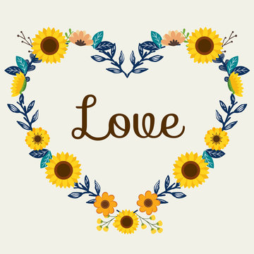The flower wreath looe like a heart shape form sumflower and yellow and orange flower. text of love. The sunflower with flower wreath or flowerring. The cute sunflower in flat vector style.