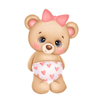 Cute teddy bear girl with a pink bow and hearts on a white background