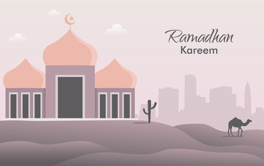 Ramadhan kareem vector concept. Flat style illustration of islamic holy month with mosque, cactus, and camel symbol.