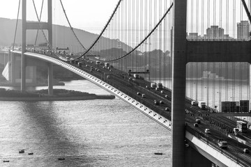 Greyscale shot of Tsing Ma Bridge in Hong Kong