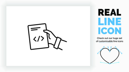 Editable line icon of a person giving a document about code with his hand part of a huge set of customisable line icons and linear stick figures! 