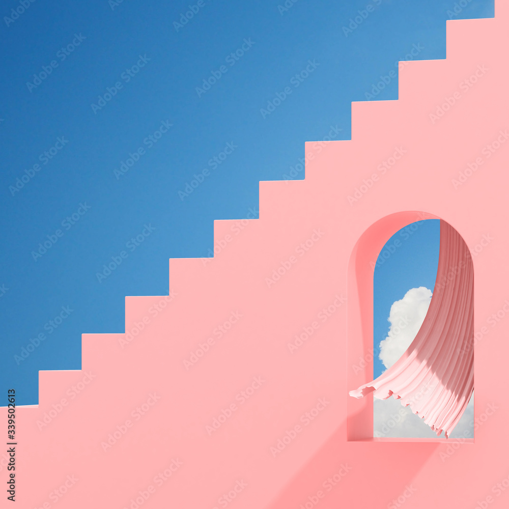 Leinwandbilder Minimal abstract building with arch window and flow curtain on blue sky background, Architectural design with shade and shadow on pink texture. 3D rendering.