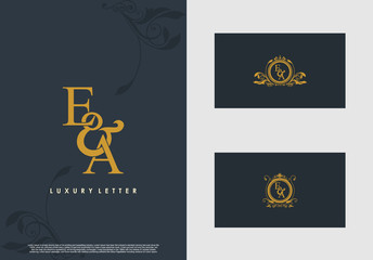 EA logo initial vector mark. Gold color elegant classical symmetric curves decor.