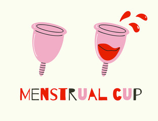 Menstrual cup with blood and drops. The topic of menstruation. 