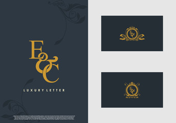 Fototapeta na wymiar EC logo initial vector mark. Gold color elegant classical symmetric curves decor.