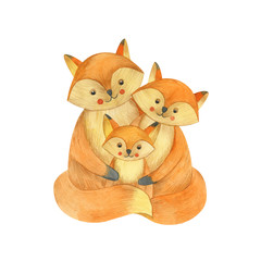 Cute cartoon watercolor forest animal. Fox family. Hand painted lovely baby fox illustration perfect for print and card making. Woodland wild orange fox